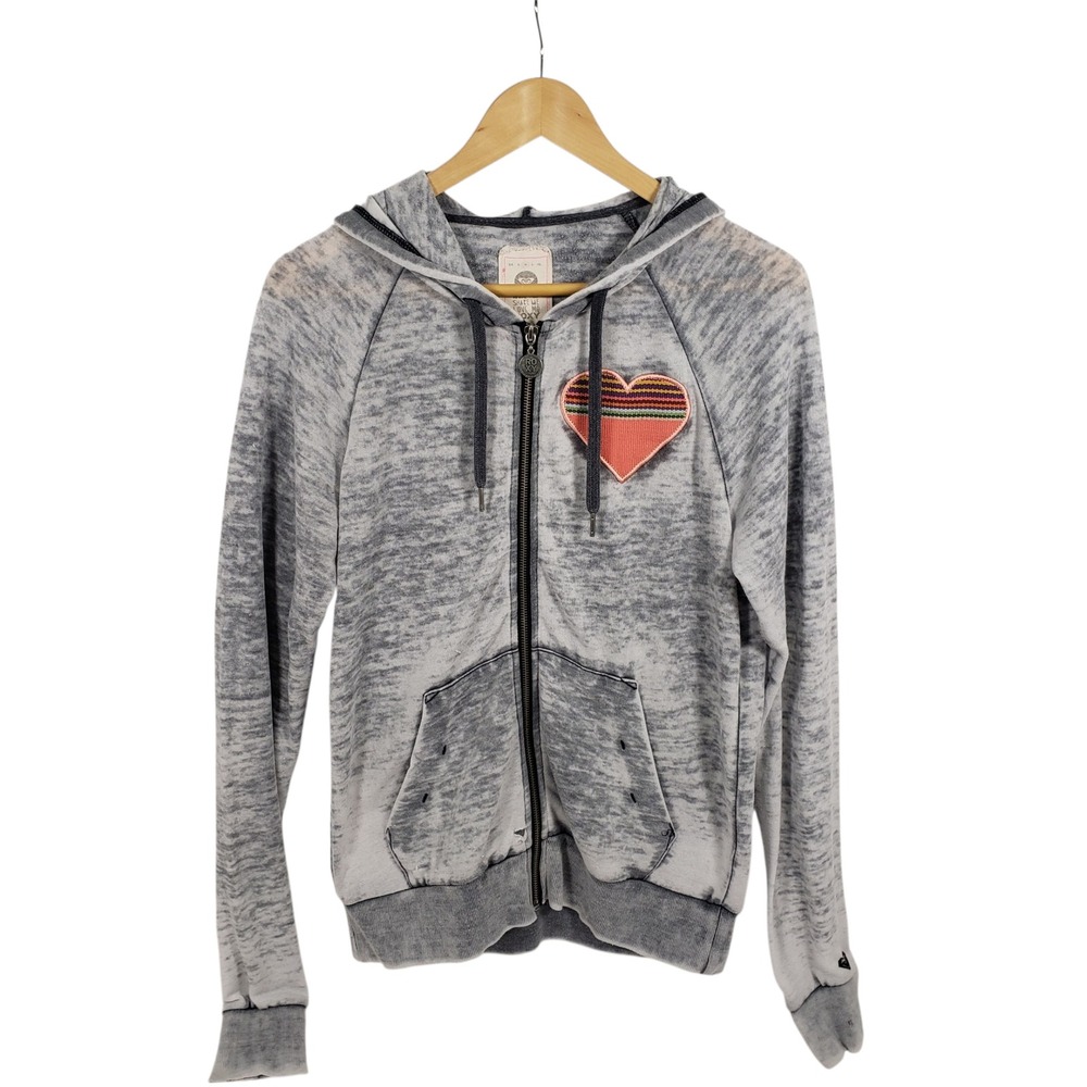 Vintage Y2K Roxy Love Me Gray‎ Distressed Zip Hoodie Sweatshirt Heart Womens